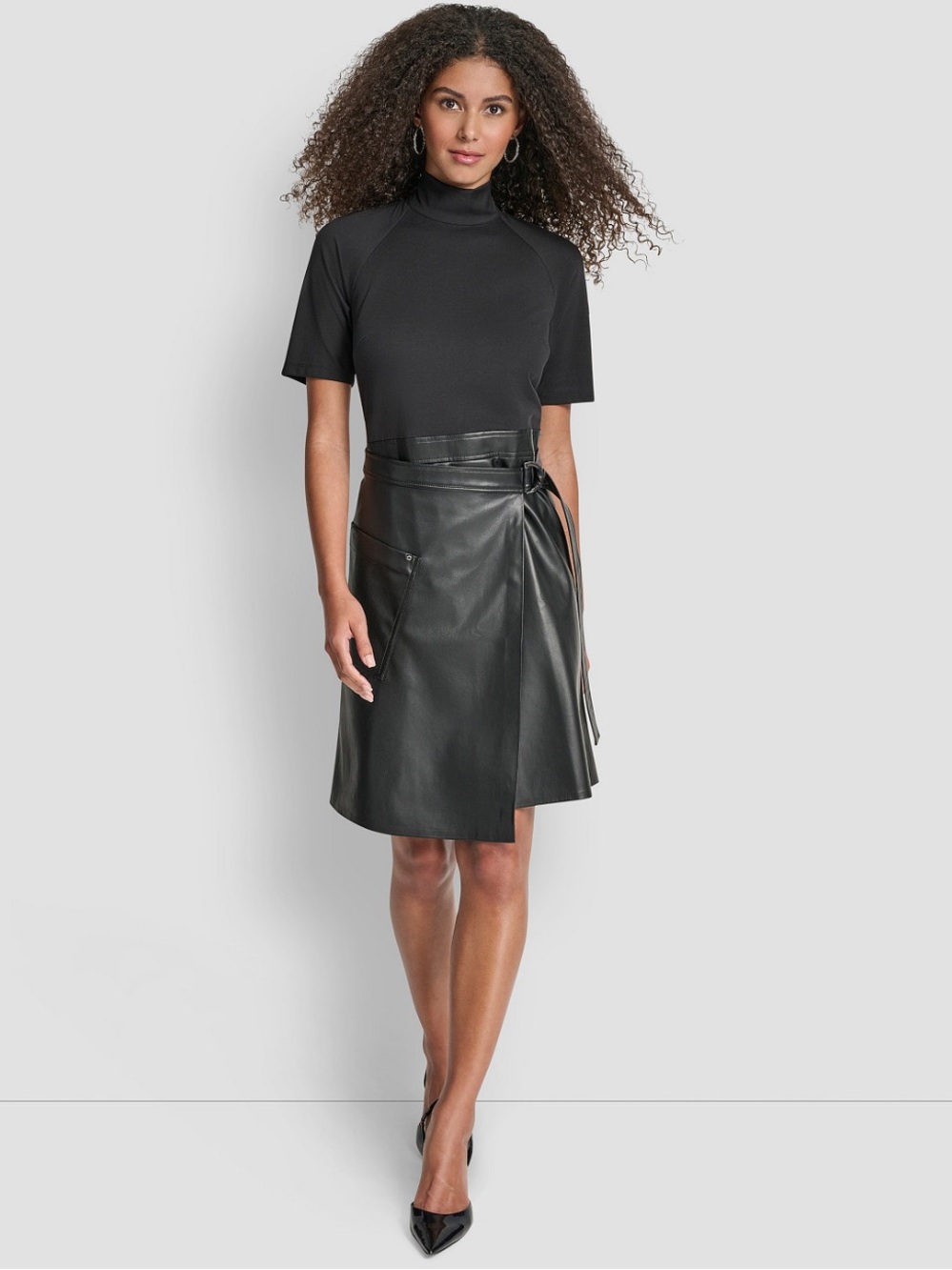 DKNY Faux Leather Fit & Flare Dress with Short Sleeves & Mock Neck  NWT